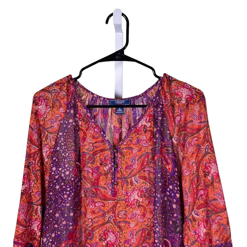 Chaps Ralph Lauren Women's Blouse Floral Paisley 3/4 Sleeve Boho Peasant Top S
